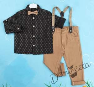 Детски комплект с тиранти, панталон и папийонка в бежово и риза в черно с орнаменти 1