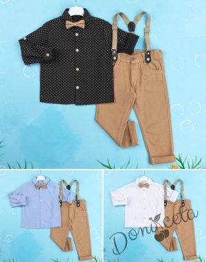 Детски комплект с тиранти, панталон и папийонка в бежово и риза в светлосиньо с орнаменти 2