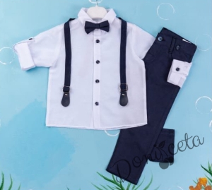 Детски комплект с тиранти, панталон и папийонка в тъмносиньо и изчистена риза в бяло