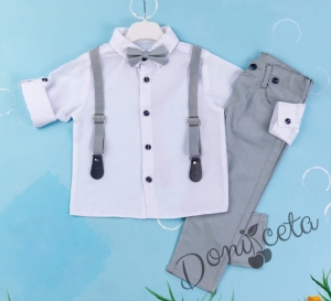 Детски комплект с тиранти, панталон и папийонка в сиво и изчистена риза в бяло 1