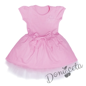 Ежедневна детска рокля с къс ръкав с тюл, панделка и розички от тюл в розово 1