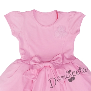 Ежедневна детска рокля с къс ръкав с тюл, панделка и розички от тюл в розово 2