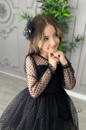 Официална детска рокля с дълъг ръкав от тюл на ситни точки с панделка и фиба за коса в черно Хейди 2
