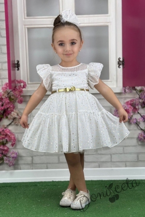 Официална детска рокля от тюл с къс ръкав буфан на бляскави точки в бяло със златисто коланче Ирина