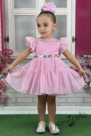 Официална детска рокля от тюл с къс ръкав буфан на бляскави точки в розово със сребристо коланче Ирина