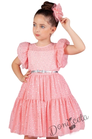 Официална детска рокля от тюл с къс ръкав буфан на бляскави точки в пудра със сребристо коланче Ирина