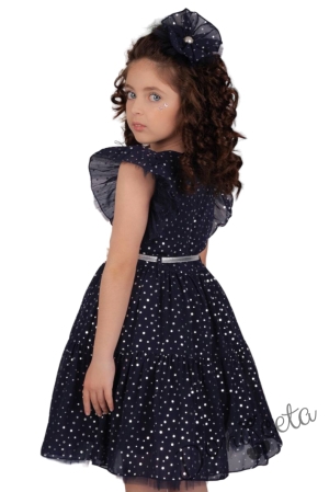 Официална детска рокля от тюл с къс ръкав буфан на бляскави точки в тъмносиньо със сребристо коланче Ирина 2