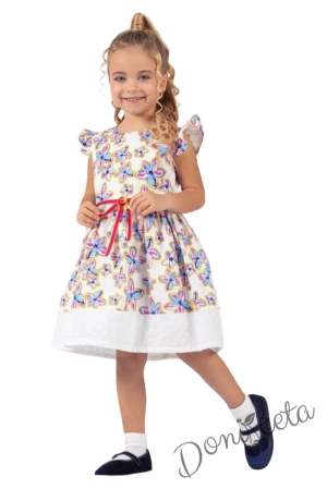 Ежедневна детска рокля с къс ръкав с къдрици в екрю на цветя 1