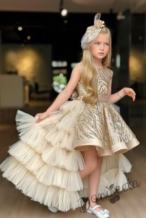 Официална детска рокля в златисто с блясък и шлейф на харбали Василиса 1