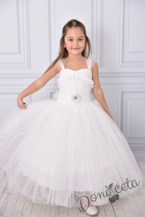 Официална дълга детска рокля в бяло без ръкав от тюл с обръч и блясък Андреан