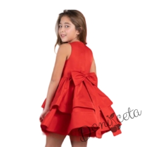 Официална детска рокля в червено от богат тюл и сатен без ръкав с пола на пластове, сатенен широк колан Ориана 2