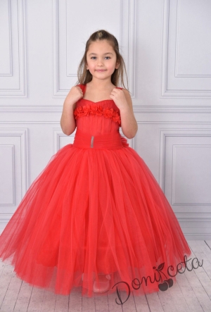 Официална дълга детска рокля в червено без ръкав от тюл с блясък с обръч и камъчета на колана Андреан
