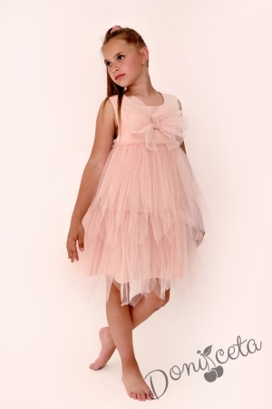 Официална детска рокля без ръкав с с тюл пола на два пласта и панделка от тюл отпред в прасковено Флора