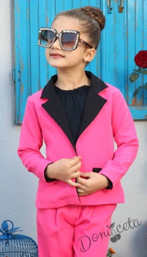 Детски комплект от 3 части -  тънка блуза с дълъг ръкав в черно, сако и дълъг панталон в циклама 1
