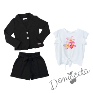 Детски комплект от къси панталони, сако в черно и туника в бяло с къдрички и цветя в топли цветове