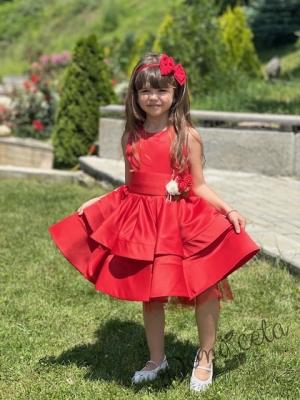 Официална детска рокля в червено от богат тюл и сатен без ръкав с пола на пластове, сатенен широк колан Ориана