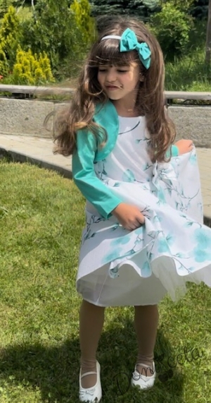 Детска рокля в бяло на нежни орихидеи в мента тип клош с болеро5