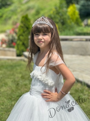 Официална дълга детска рокля в бяло без ръкав с тюл с обръч Андреан