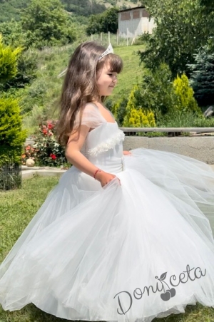 Официална дълга детска рокля в бяло без ръкав с тюл с обръч Андреан