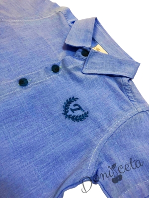 Комплект за момче от блуза с къс ръкав с емблема в светлосиньо и къси дънки в синьо 3