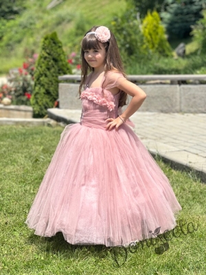 Официална дълга детска рокля в пепел от рози  с обръч Андреан 6