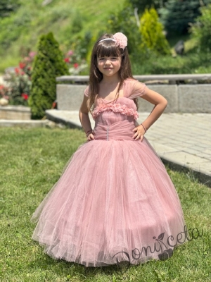 Официална дълга детска рокля в пепел от рози  с обръч Андреан 7