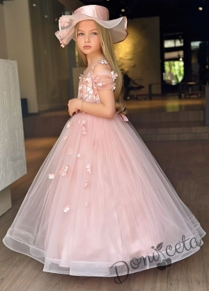 Официална детска дълга рокля в пепел от рози без ръкав с тюл, обръч и 3D цветя с капела Беладона 2