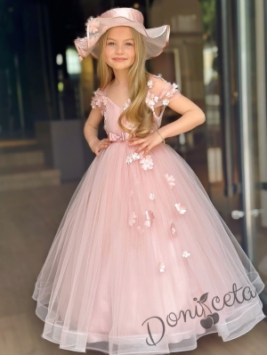 Официална детска дълга рокля в пепел от рози без ръкав с тюл, обръч и 3D цветя с капела Беладона 3