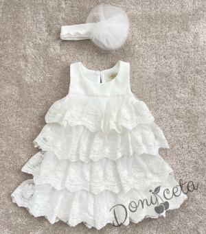 Официална бебешка рокля с дантела в бяло на воали и лента за глава Contrast