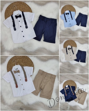 Летен комплект за момче от панталон в тъмносиньо, риза в бяло и орнаменти, тиранти и папийонка в тъмносиньо 2