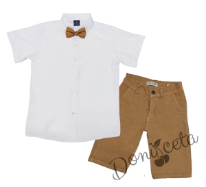Clean shirt set in white, bow tie in brown and short jeans in mustard