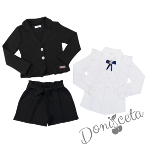 Детски комплект за момиче от къси панталонки и сако в черно и официална блуза с дълъг ръкав в бяло с къдрици и брошка