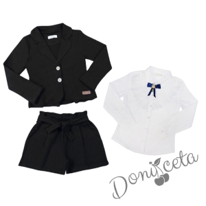 Детски комплект за момиче от къси панталонки и сако в черно и официална блуза с дълъг ръкав в бяло с дантела и брошка