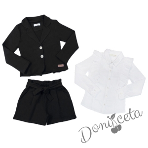 Детски комплект за момиче от къси панталонки и сако в черно и официална блуза с дълъг ръкав в бяло с къдрици 1