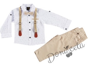 Детски комплект с тиранти, панталон и папийонка в бежово и риза в бяло с орнаменти 766304090