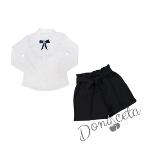 Комплект от блуза в бяло с дълъг ръкав и дантела с брошка и къси панталони в черно 1