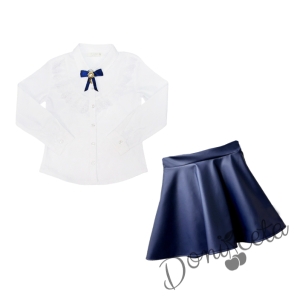 Комплект от блуза в бяло с дантела и брошка и кожена пола в тъмносиньо 1