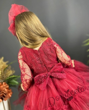 Празнична детска рокля Тера с дълъг ръкав  от дантела и тюл в бордо с харбала и панделка за коса 2