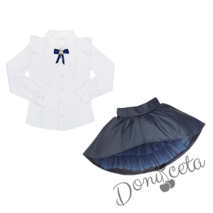 Комплект от блуза в бяло с къдрици и брошка и изрязана кожена пола в тъмносиньо 1