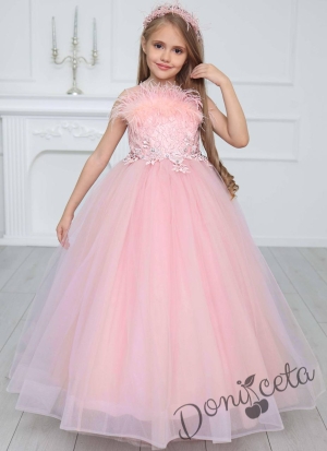 Официална детска дълга рокля в розово без ръкав с диадема и обръч отдолу на пола Шери