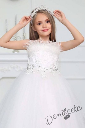 Официална детска дълга рокля в бяло без ръкав с диадема и обръч отдолу на пола Шери 3