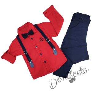 Детски комплект с тиранти, панталон и папийонка в тъмносиньо и риза с емблема в червено