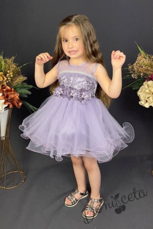 Официална детска рокля без ръкав от тюл в лилаво с дантела, цветя и къдрички в долната част