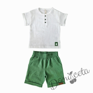 Muslin blouse set in ecru with short sleeves and green leather element and green linen shorts