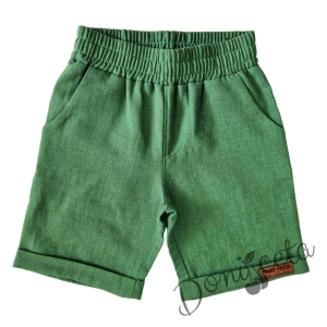Комплект блуза от муселин в екрю с къс ръкав и зелен кожен елемент и къси панталони в зелено от лен 3