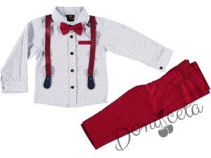 Children's set with suspenders, trousers and bow tie in burgundy and shirt in white with ornaments 766304091