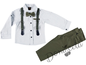 Children's set with suspenders, pants and bow tie in dark green and shirt in white with ornaments 7663040912