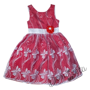 Официална детска рокля в червено с бяла дантела и цвете на нивото на кръста