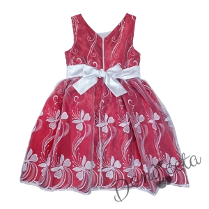 Официална детска рокля в червено с бяла дантела и цвете на нивото на кръста 2