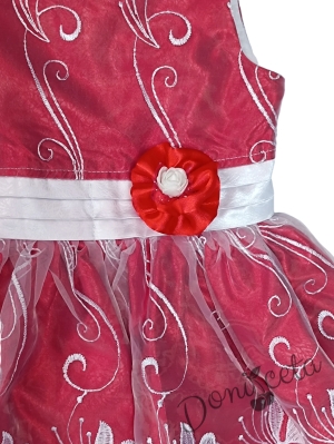 Официална детска рокля в червено с бяла дантела и цвете на нивото на кръста 3